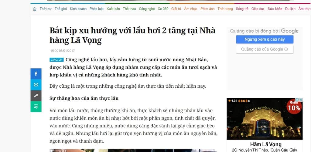 Nhà hàng Lã Vọng tạo lên trào lưu ẩm thực mới